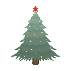 Stylized Christmas tree with layered green branches, white star decorations, and a red star topper. Brown trunk and festive shape make it ideal for seasonal designs, greeting cards, or holiday decor
