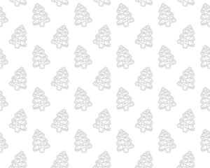 Seamless pattern of stylized Christmas trees outlined in black with ornaments and garlands, arranged diagonally. Monochrome festive design ideal for wrapping paper, textiles, or seasonal decor