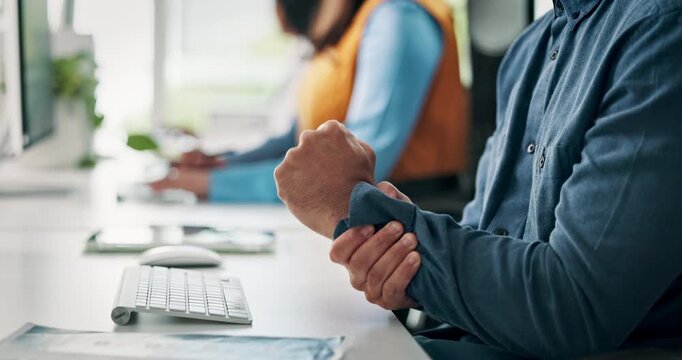 Hands, computer and person with wrist pain in office from burnout, article workload and arthritis. Coworking, journalist and muscle tension at publishing agency from editing, massage and inflammation