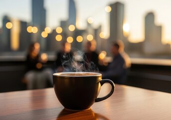 Steaming cup of coffee on a wooden table with blurred people enjoying a rooftop gathering and city skyline in the background during a beautiful sunset