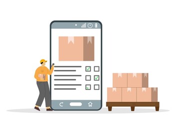 4k animated of worker using smartphone to checking packages with digital inventory app on a large smartphone screen. Concept of warehouse management, inventory control, and modern supply operations. - Powered by Adobe