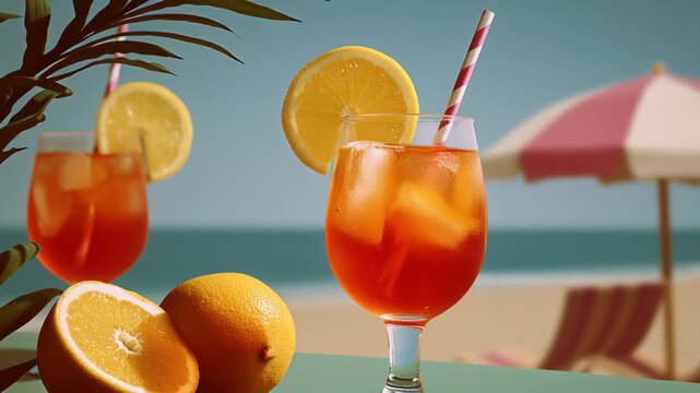 Refreshing tropical beverage served in a glass with ice and lemon slices, surrounded by fresh oranges, with a beach umbrella in the background, camera slowly zooms in on the drink