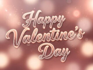 Happy valentines day text in elegant cursive script with rose gold glitter effect on a soft bokeh background