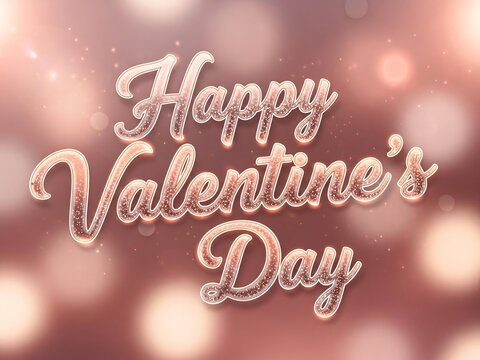 Happy valentines day text in elegant cursive script with rose gold glitter effect on a soft bokeh background