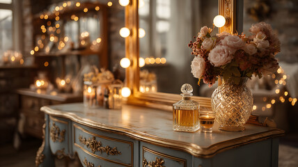 Luxurious vanity table with a lighted mirror, beautiful flower arrangement, and classic perfume bottle
