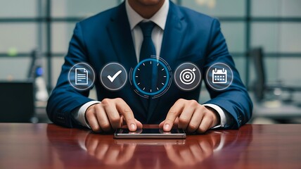 Businessman using smartphone with digital icons for time tracking and productivity
