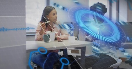 Woman listening and man eating in break area, HUD entering from right and overlaying business data - Powered by Adobe