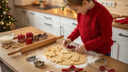 A child in a vibrant red sweater prepares christmas cookies in a cozy kitchen setting, using a variety of cookie cutters on dough