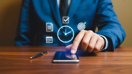 Businessman using smartphone with digital icons for productivity and time management
