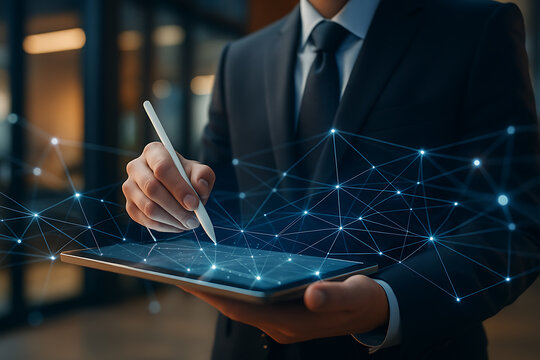 Business executive in suit holding digital tablet with stylus connecting to abstract glowing network representing technology and communication future