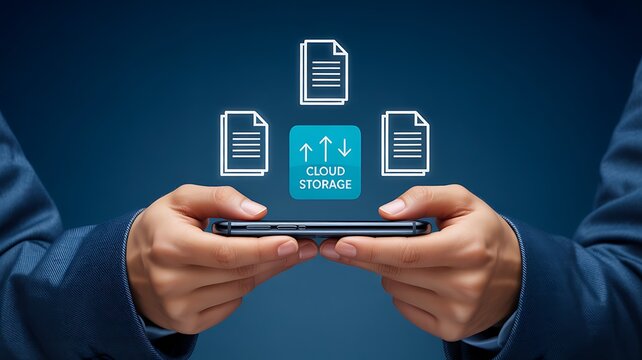 Hands holding smartphone with cloud storage icons for digital file management
 - Powered by Adobe