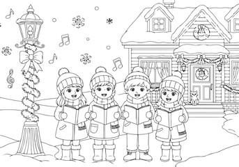 Fototapeta premium Christmas carolers coloring book illustration of children singing near house and lamp post - b