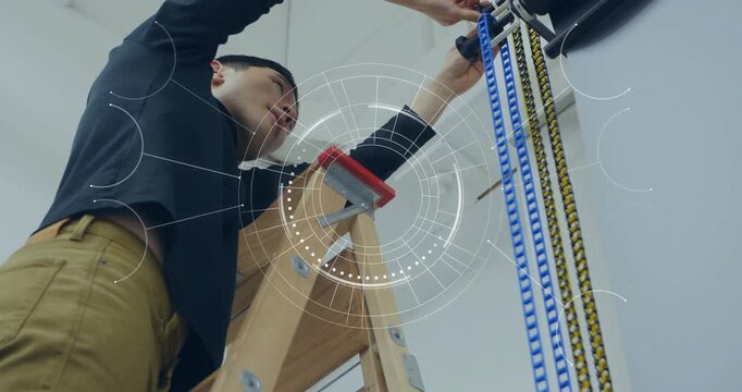 Male technician climbing ladder and aligning blue sprocket on roller while HUD highlighting repair