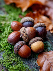 Acorns on mossy bark with autumn leaves in a forest setting.