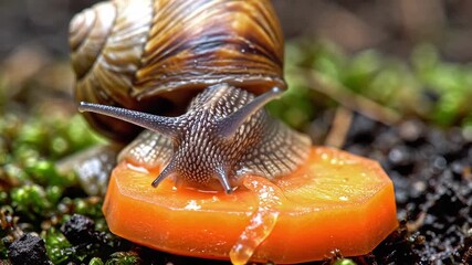 Close up of a snail eating a piece of orange fruit on the ground.