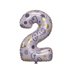 Festive light purple and golden number two foil balloon adorned with whimsical patterns, ideal for commemorating significant second anniversaries, milestone birthdays, or joyful event celebrations