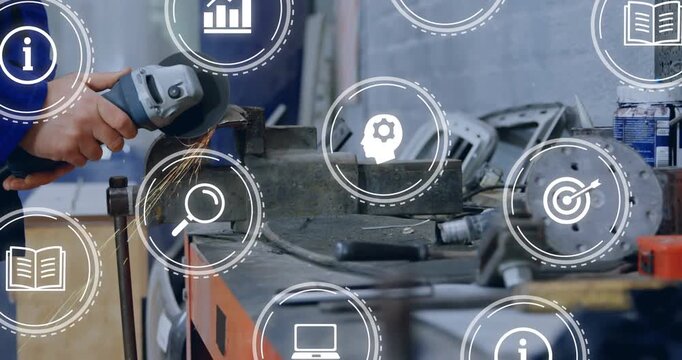 Tech's hands grinding clamped metal on disc contact, sparks flying, icons growing to show finishing