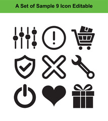 Set of nine black icons on white background including settings shopping cart