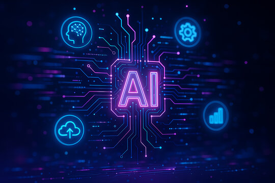 Glowing neon AI letters with futuristic circuit design symbolizing artificial intelligence machine learning innovation and advanced digital technology systems