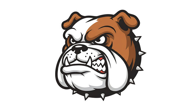 Powerful brown bulldog head illustration, featuring an aggressive expression, bared teeth, and a spiked collar, perfect as a bold mascot or emblem