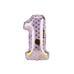 Festive shimmering number one balloon in a stylish lavender hue decorated with sparkling gold polka dots and confetti, perfect for celebrating a first anniversary or birthday party