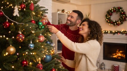 winter holidays and people concept - happy couple decorating christmas tree at home
