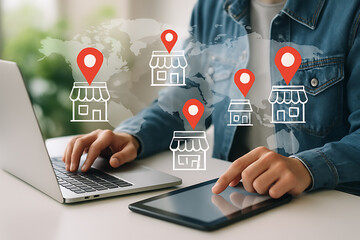 Person planning international business network with digital map and store markers on laptop and tablet for retail strategy