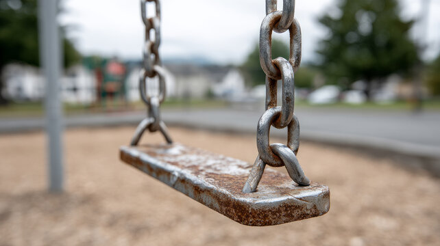 Close-up of an empty swing with chains in a park setting.