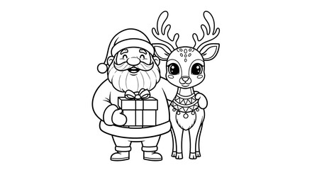 Santa Claus and Reindeer Christmas Coloring Page for Kids.
