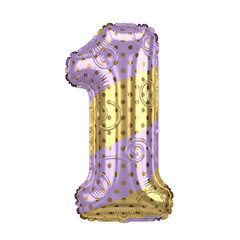 Festive purple and gold polka dot number 1 balloon, perfect for birthdays and celebratory decorations