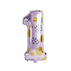 A festive light purple number one foil balloon, adorned with elegant gold and black polka dots, perfect for celebrating a first birthday, anniversary, or significant milestone