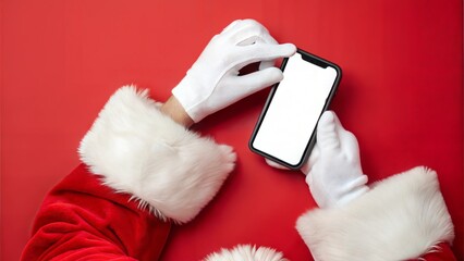 Image of hands of santa claus holding smartphone with blank screen and copy space on red background. Christmas, connection, technology, tradition and celebration concept.