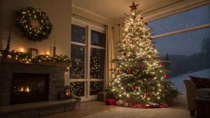 Christmas tree at night in winter