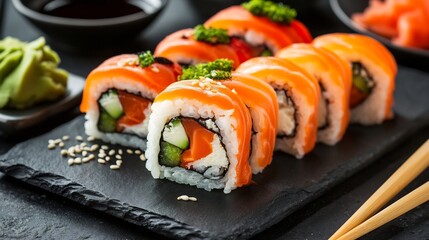 Authentic Japanese sushi rolls arranged dark slate board with soy sauce wasabi chopsticks and seaweed background no faces restaurant lighting