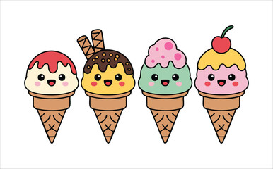 Cute kawaii style ice cream cone characters with faces isolated vector illustration on white background