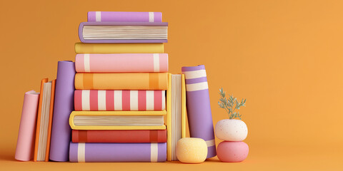 Fototapeta premium Tall stack of colorful books with vibrant covers is arranged against orange background, accompanied by decorative round objects. scene is cheerful and inviting
