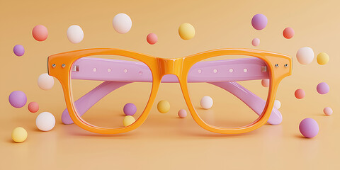 Colorful orange glasses with purple arms are surrounded by floating pastel spheres on soft orange background, creating playful and whimsical atmosphere