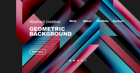 Modern website header design. Geometric shapes, vibrant colors, text overlay, navigation menu present. Clean, dynamic visual style.