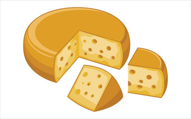Assorted cheese collection whole wheels and sliced pieces isolated vector illustration on white background