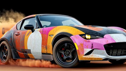 Colorful sports car drifts on sandy terrain, showcasing dynamic motion and vibrant design, with camera following the action and capturing the thrilling experience of speed and agility
