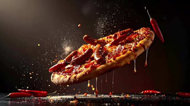 Spicy Pepperoni Pizza Flying Through the Air with Red Chilies.