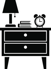 Silhouette Of Nightstand Table Lamp Books And Clock Vector Illustration Isolated On Transparent Background For Interior Design