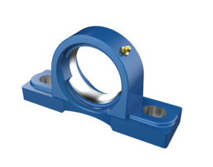 Blue pillow block bearing unit with housing and grease fitting, essential industrial mechanical component, isolated high-resolution 3D rendering on a PNG Transparent HD Background.