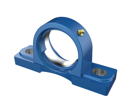 Blue pillow block bearing unit with housing and grease fitting, essential industrial mechanical component, isolated high-resolution 3D rendering on a PNG Transparent HD Background.