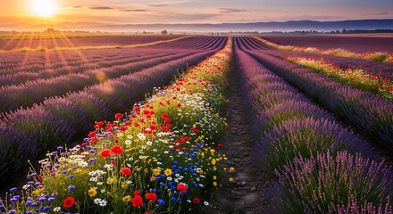 Naklejka premium Vibrant sunset over endless rows of blooming lavender field interspersed with colorful wildflowers in provence, france