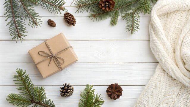Christmas composition. Christmas gift, knitted blanket, pine cones, fir branches on wooden white background. Flat lay, top view, copy space - Powered by Adobe