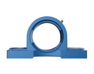 Blue pillow block bearing unit with housing and grease fitting, essential industrial mechanical component, isolated high-resolution 3D rendering on a PNG Transparent HD Background.