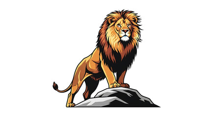 Majestic wild lion with a powerful golden mane, standing proudly on a rock, embodying strength, courage, and leadership in its regal pose
