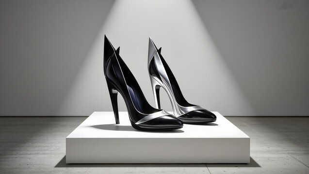 Sculptural avant-garde heels on plinth under gallery spotlight, museum exhibition style