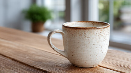 Ceramic coffee cup on a rustic wooden table by a window.